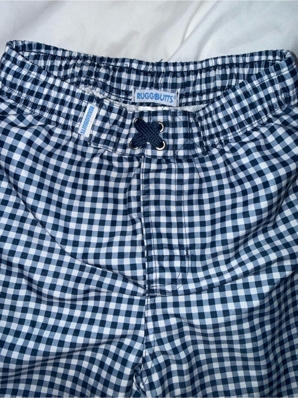 RuggedButts Navy & White Gingham Kids Swim Trunks - Picture 3 of 3